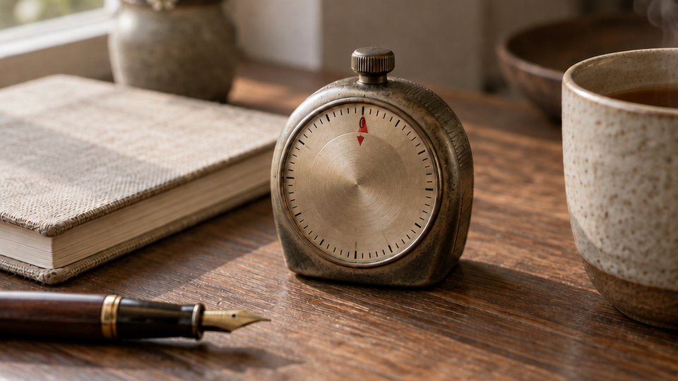 A mechanical twist timer on a wooden desk beside a closed notebook, a pen and a cup of tea, lit softly from a window.
