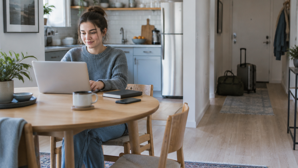 A remote worker sits at a kitchen table with the laptop lid turned away, while a suitcase and duffel bag rest by the front door in the background.