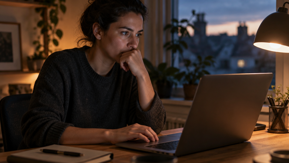 Person at an evening desk pausing with a hand on their chin, looking at a laptop screen turned away from the camera while a desk lamp glows against a dusk window.