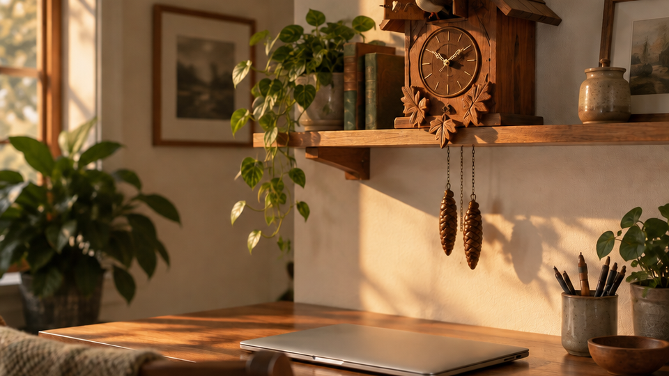 Small carved wooden cuckoo clock on a shelf above a desk, tiny bird emerged from its open door, weights hanging, closed laptop below in warm afternoon light.