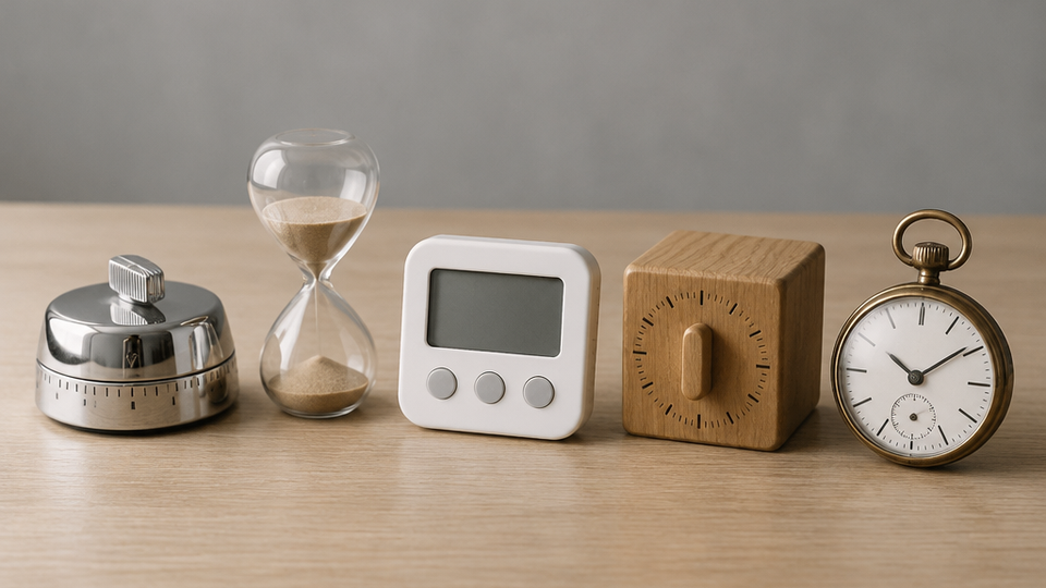 Row of five physical timers, including a twist timer, an hourglass, and a brass pocket watch, lined up on a pale oak tabletop in soft studio light.