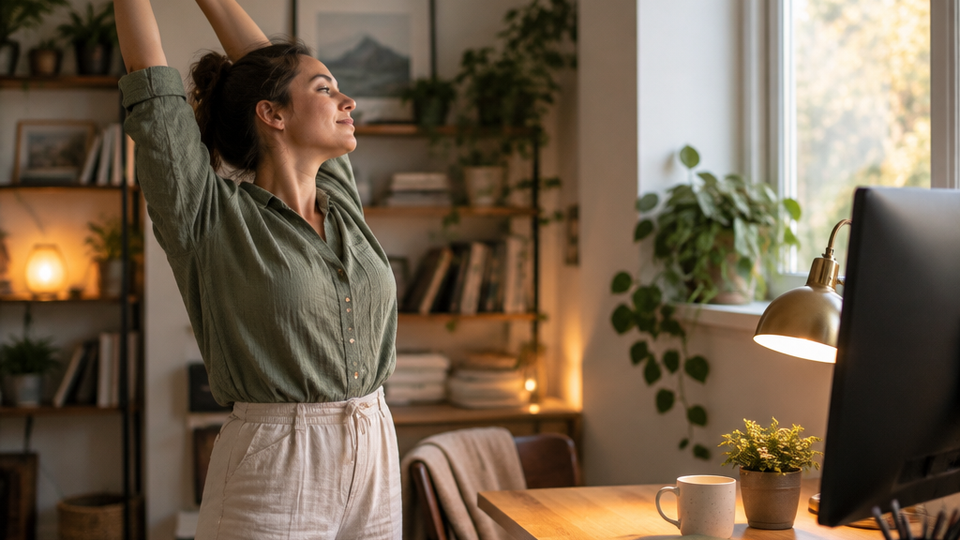 Woman standing beside her desk stretching her arms overhead next to a turned-away monitor, warm lamp light in a home studio workspace with plants and a mug.
