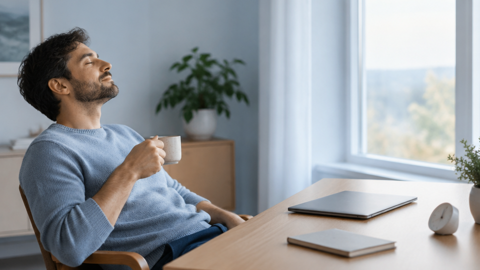 Man leaning back with eyes closed holding a cup of tea beside a closed laptop and a small analog timer, with a bright window in a minimal home office.