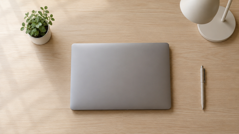 Overhead view of a minimalist desk with a closed laptop, a small lamp, a single pen, and a tiny plant, surrounded by wide empty pale wood surface.