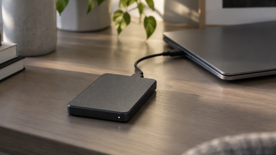 A compact portable external hard drive connected by a short cable to a closed laptop on a desk, positioned to run backups on its own.