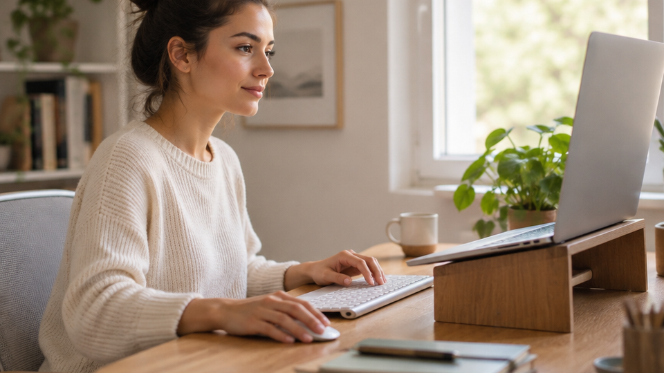 Woman seated upright at a desk with a laptop raised on a wooden stand to eye level, ears aligned over her shoulders, hands resting on an external keyboard and mouse at desk height.