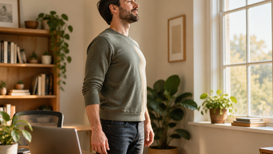 Man standing beside his desk mid break with chest lifted and head drawn straight back so his ears sit over his shoulders, arms loose at his sides, looking toward a bright window.