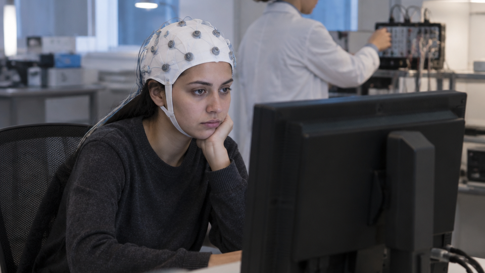 A volunteer wearing a white EEG cap with thin electrode leads sits facing a monitor turned away from the camera while a researcher adjusts a cart of recording equipment in a quiet research lab.