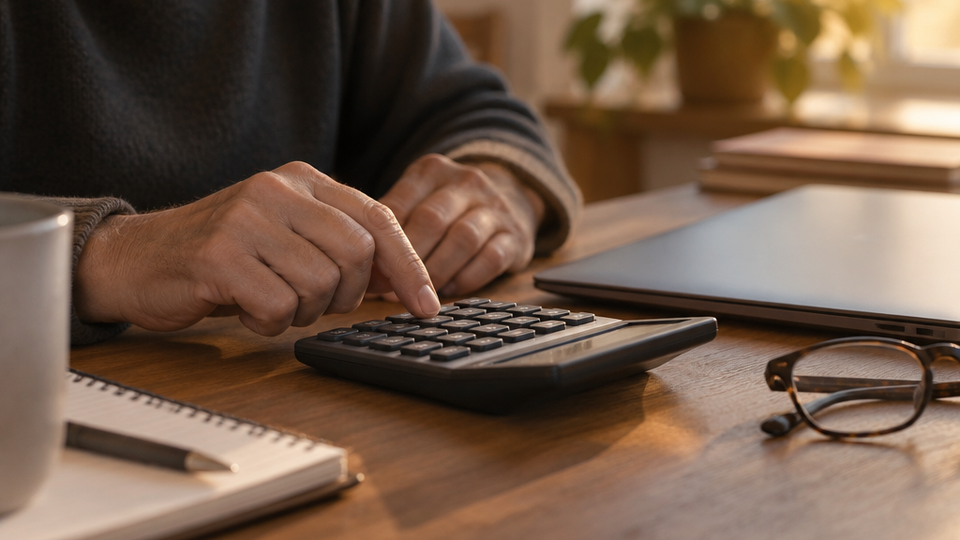 Hands pressing keys on a slim calculator on a wooden desk beside a closed laptop seen from behind, reading glasses resting nearby, in warm side light.