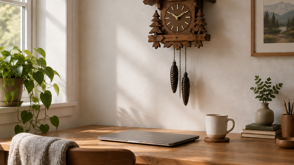 A carved wooden cuckoo clock with pine-cone weights hangs on a pale wall above a minimal desk with a closed laptop and a ceramic mug, lit by mid-morning daylight.