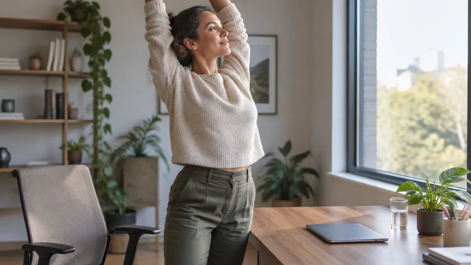 A person stands from their desk chair and stretches both arms overhead next to a closed laptop, mid-afternoon window light filling a tidy home office.