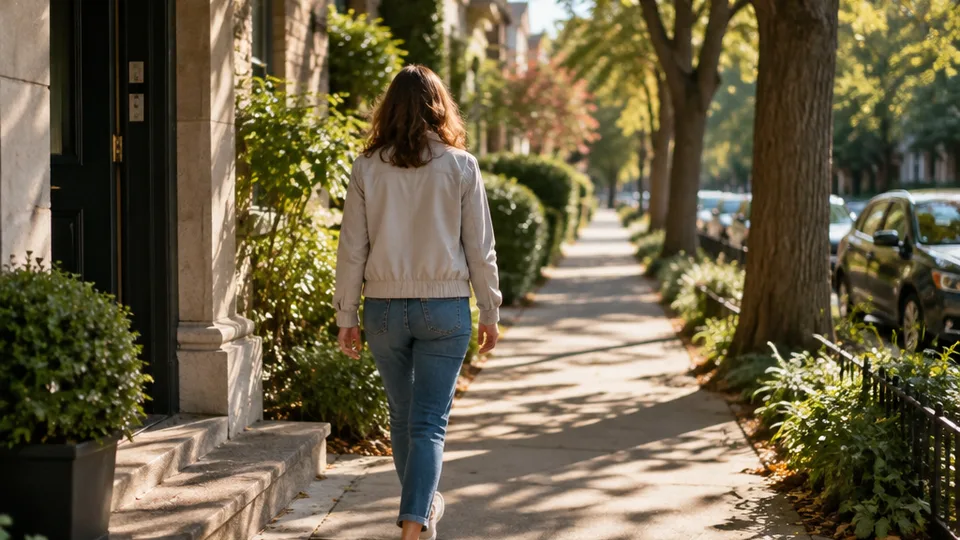A person in a light jacket walks from a shaded doorway into late-morning sunlight on a quiet tree-lined sidewalk, hands free, relaxed stride.