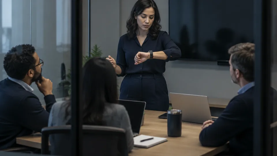 Woman standing mid-presentation at a meeting table, glancing at the smartwatch on her raised wrist as colleagues with laptops angled away look on, a dimmed wall display behind her.