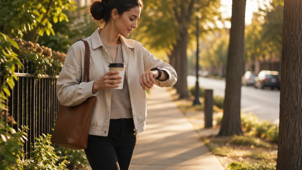 Pedestrian in a light jacket glancing at a smartwatch mid-stride on a tree-lined sidewalk in late afternoon light, coffee cup in the other hand, no screen anywhere in view.