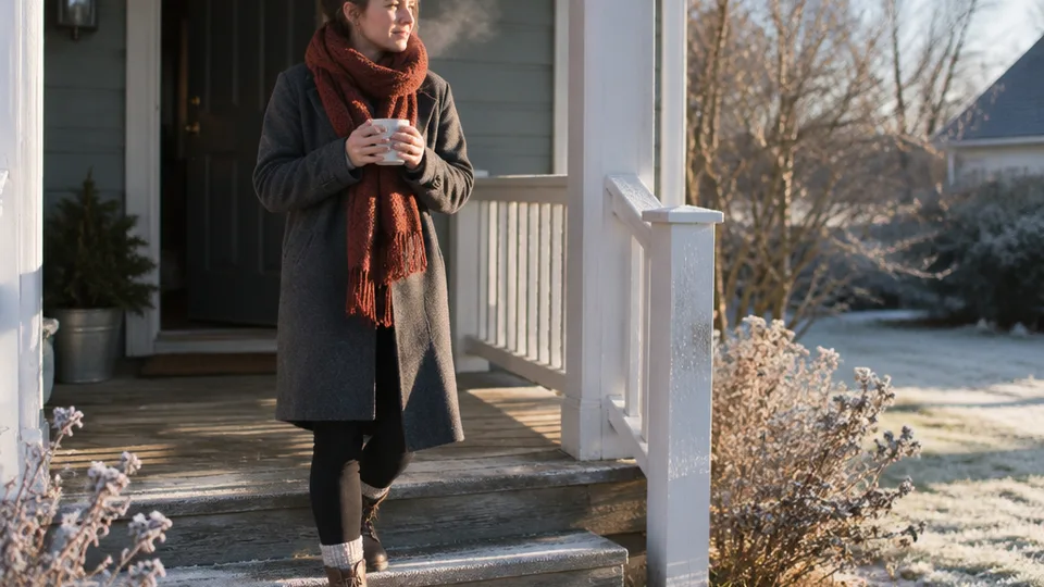A person in a winter coat steps out a front door into pale morning sunlight holding a coffee mug, frost on the steps and visible breath.