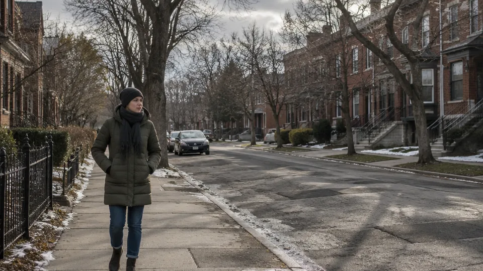 A person in a puffer jacket walks a quiet residential street of bare trees and brick houses in flat winter afternoon light.