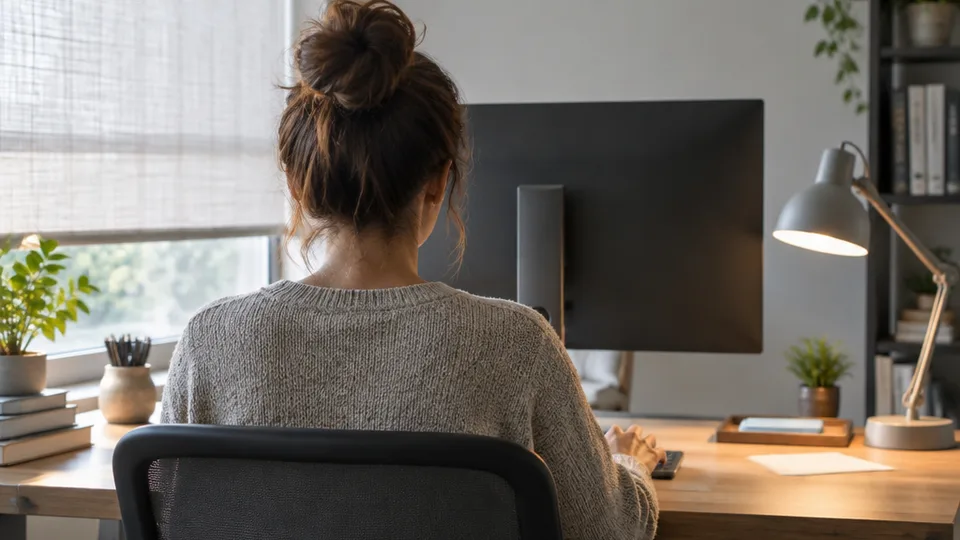 Seen from behind, a woman sits at arm's length from a monitor whose back faces the camera, with a sheer-blinded side window diffusing glare beside her tidy desk.
