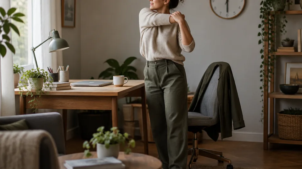 Woman pushing back her chair and stretching as she steps away from a closed laptop and tidy desk, jacket over the chair, analog wall clock showing half past twelve.