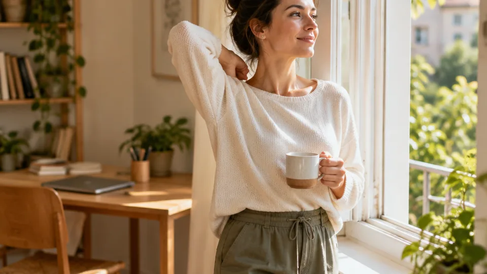 A person stands at a bright open window stretching their shoulders with a mug of tea, the desk and closed laptop blurred behind them.
