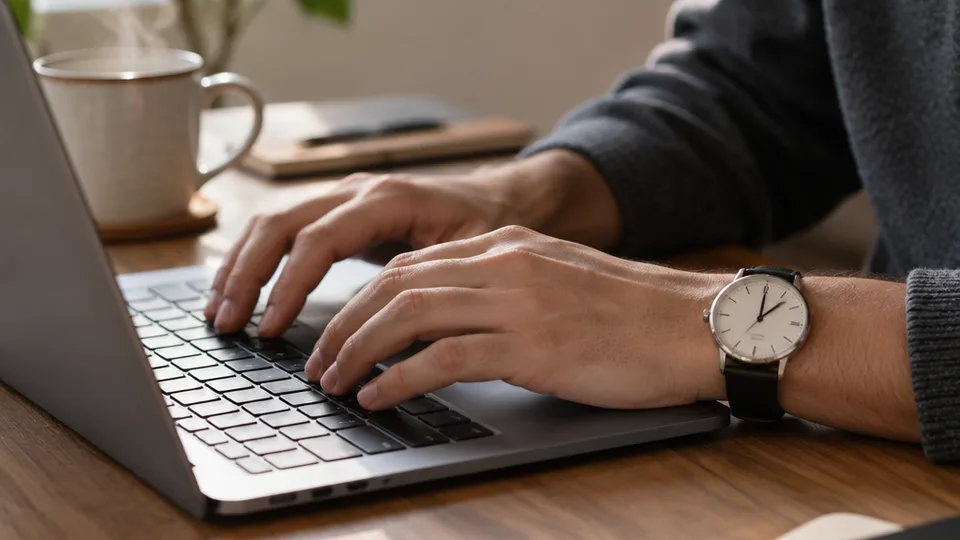 Close-up of hands on a laptop keyboard with an analog wristwatch reading two o'clock and a steaming mug blurred at the desk edge.