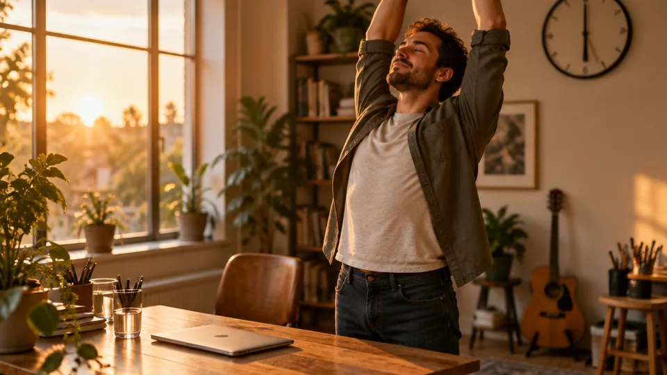 A man stretching his arms overhead beside a desk holding a closed laptop and a water glass, golden late-day light, a wall clock in soft focus.