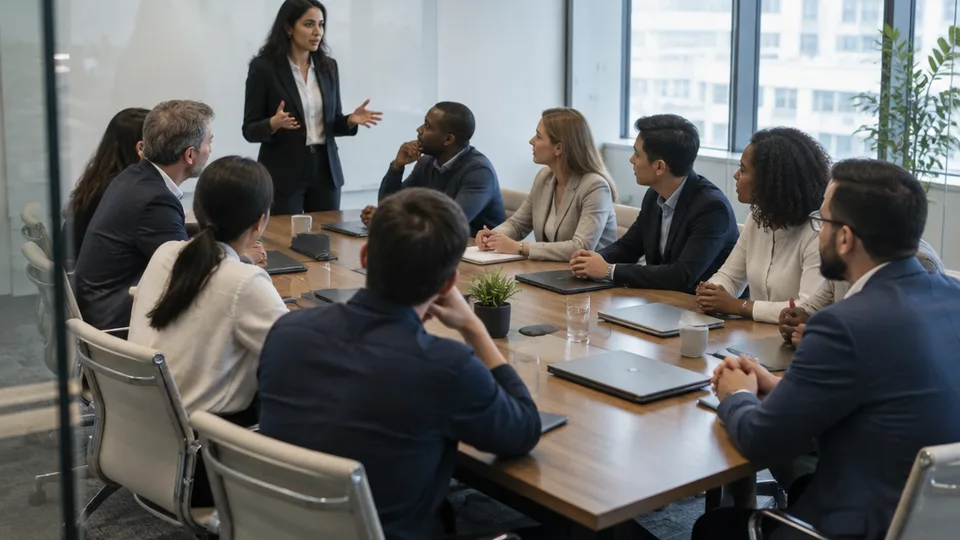 Diverse group of about ten professionals in a glass-walled conference room around a long table, one person standing at a blurred blank whiteboard, daylight from tall windows.
