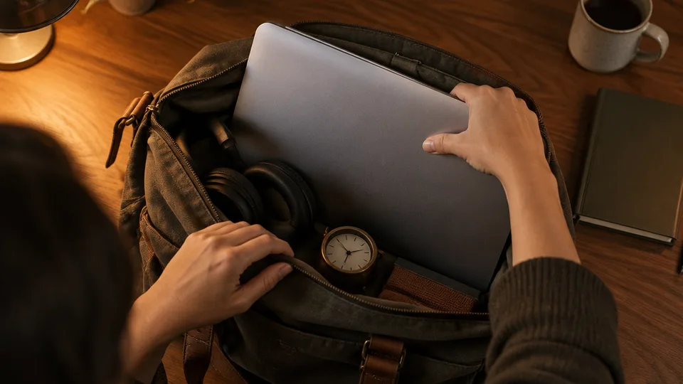 Overhead view of hands placing a closed silver laptop into a canvas commuter bag with coiled headphones and a small brass desk clock, warm lamplight on a wooden desk.