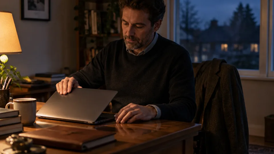 Close view of hands lowering the lid of a dark-screened laptop at a home desk at dusk, warm lamp glow and deep blue evening light through a window, coat over the chair.