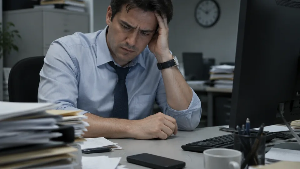 Tense office worker rubbing their temple at a cluttered desk while a phone lies face-down mid buzz and a monitor turned away shows only its back.