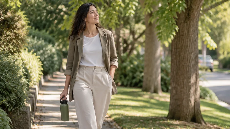 A person in casual office clothes walks unhurried along a tree-lined path in mid-morning light, holding a water bottle and looking toward the trees, with no phone in sight.