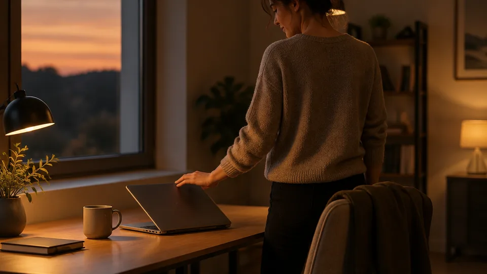 A person closes a laptop at dusk beside a mostly cleared home office desk, warm evening light through the window, coat draped over the chair, empty coffee mug and closed notebook nearby.