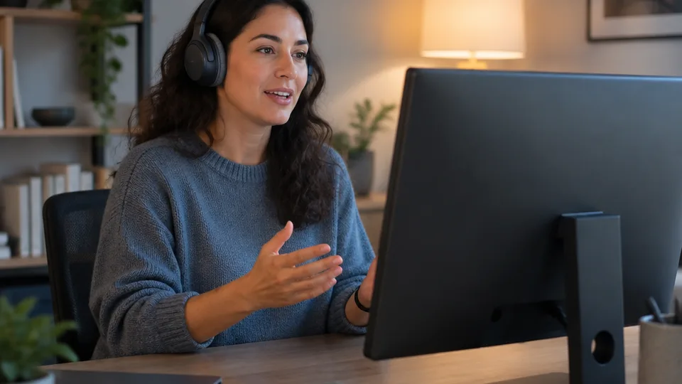 A woman wearing over-ear headphones speaks calmly during a home office call, her monitor turned toward her with its back to the camera and a closed laptop beside it.