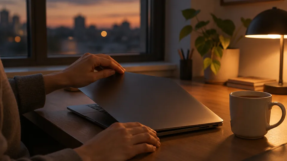 Hands close the lid of a MacBook at dusk beside a glowing amber desk lamp and a mug of tea, with evening light fading through a window behind.