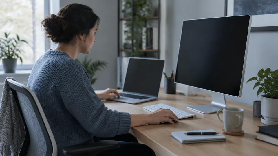 One person working at a long desk between a silver laptop and an all-in-one desktop computer, both screens angled toward the user, in a calm home office with cool daylight.