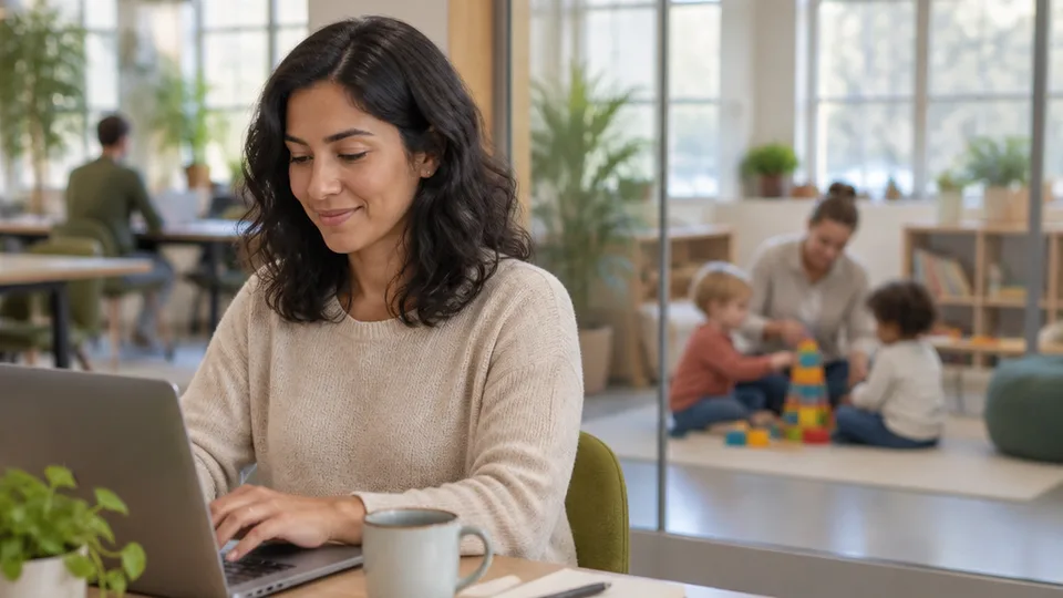 A parent works alone at a desk in a bright coworking space while a caregiver and toddlers play on the floor behind a low glass partition.
