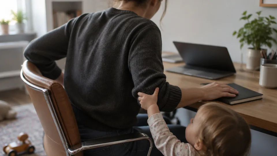 A parent stands up from a desk with one hand pressing a small notebook closed beside a half-folded laptop while a toddler tugs at their forearm.