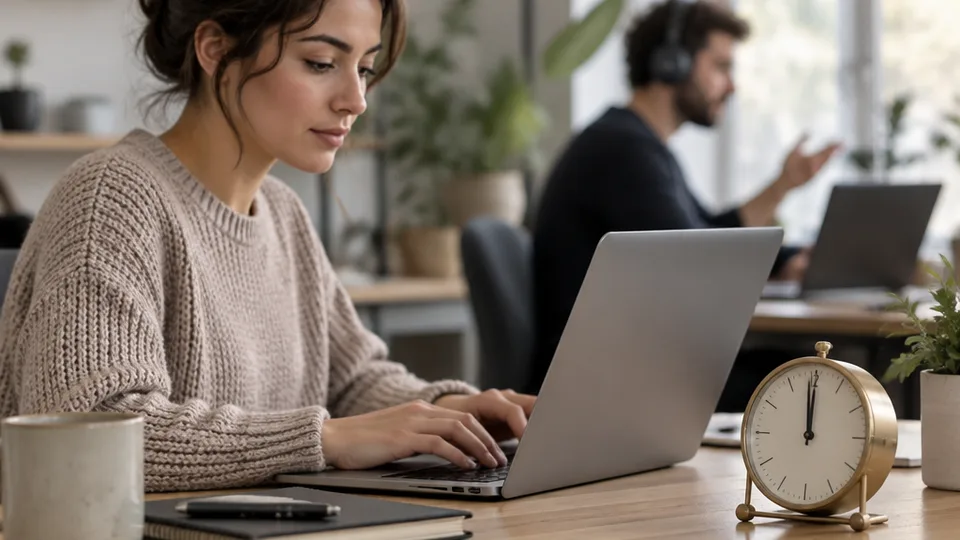 A writer types while a small brass desk clock marks the hour beside her, a colleague on a headphone call soft-focus in the background.