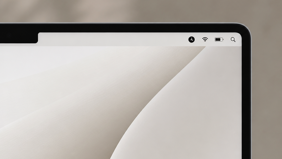 Close-up of a macOS menu bar showing a small clock icon, with a clean desktop wallpaper behind it
