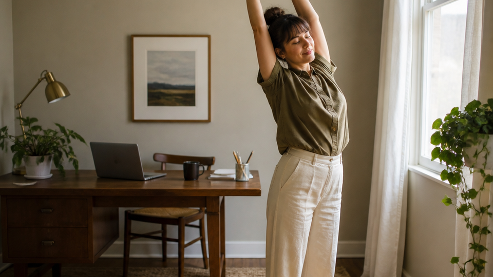 A person stepping away from their desk to stretch near a window, laptop visible in the background