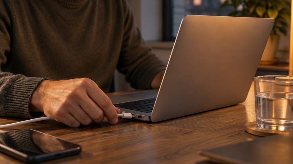 A hand plugs a USB-C charging cable into the side of an open MacBook on a wooden desk in late afternoon light, the screen angled toward the user and away from the camera.