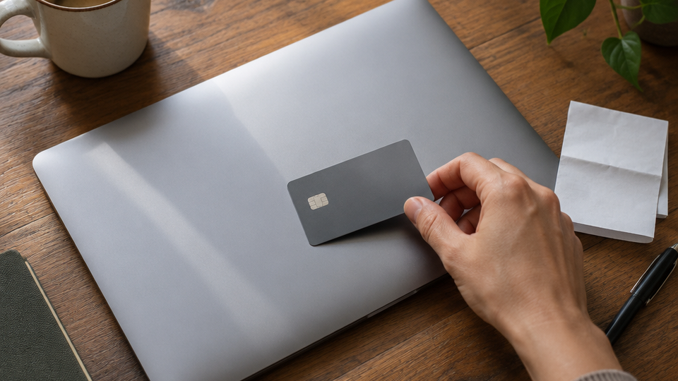 Overhead view of a closed MacBook on a wooden desk with a credit card resting on the lid, a folded blank receipt, a pen, and a coffee mug, one hand reaching in to pick up the card.
