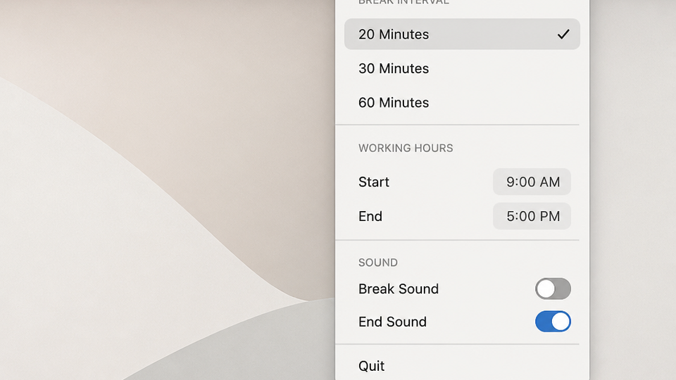 A clean macOS menu bar dropdown showing simple interval options, demonstrating a native menu bar utility with minimal clutter