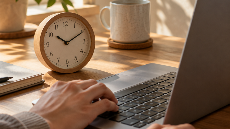 A small analog desk clock sits beside the base of a laptop, with the user's hands paused on the keys and the screen out of frame.
