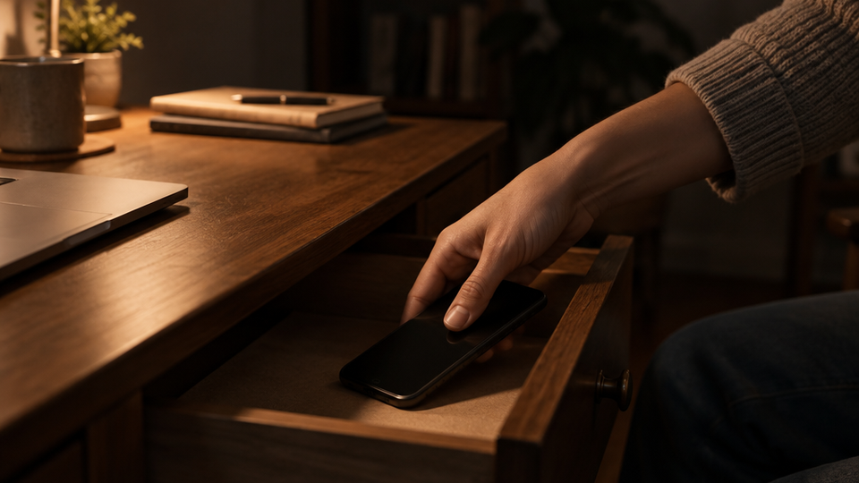 A hand slides a phone face-down into a half-open wooden desk drawer while the laptop edge rests out of focus beside it.