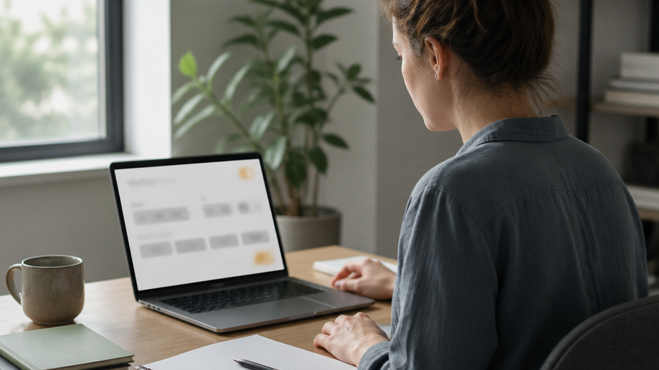 A knowledge worker reviewing a simple onscreen time interval selector, calm posture, organized desk with notebook and coffee