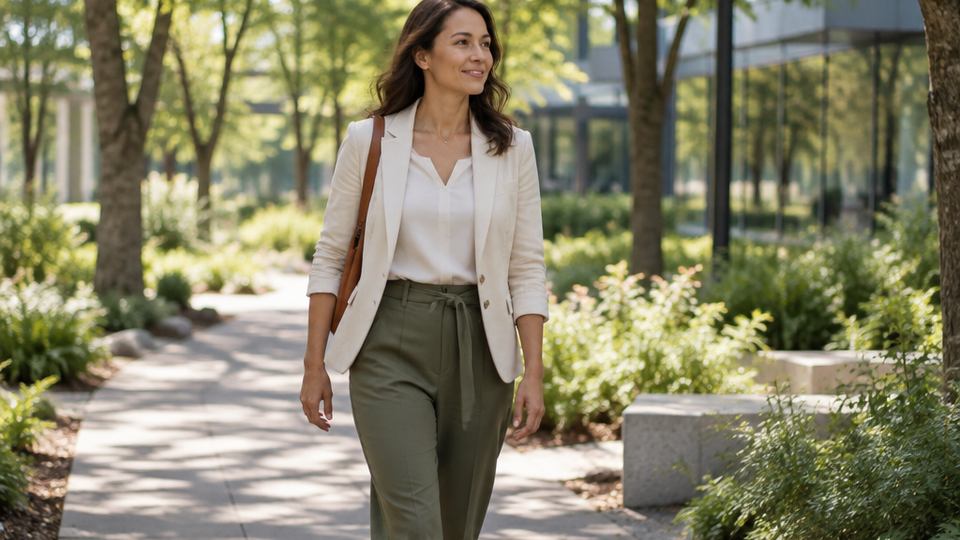 Woman in business-casual attire taking a short walking break on a leafy path beside a modern office building in morning light.
