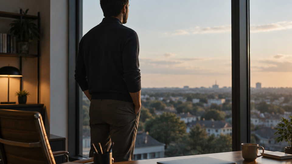 Man standing at a tall office window gazing at distant rooftops and trees while his closed laptop rests on the desk behind him.