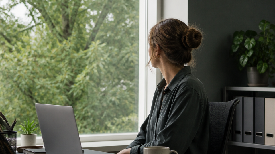 A person at their desk turning to look out a window at green trees and natural light, a brief restorative moment away from the laptop screen