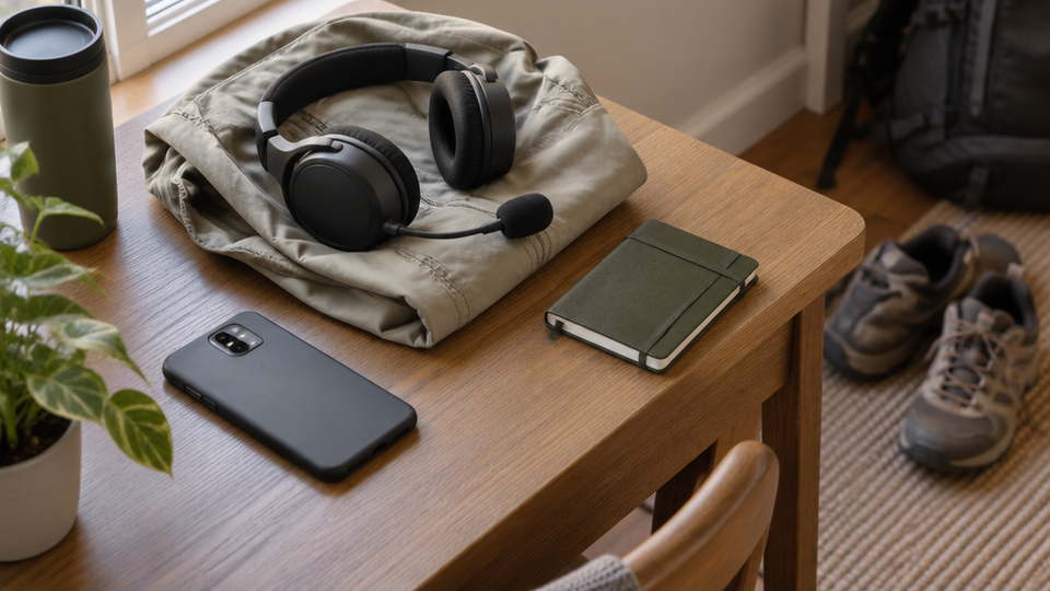 An over-ear headset with a boom microphone, a phone face down, and a closed notebook arranged on a home desk near a window, with walking shoes on the floor below.