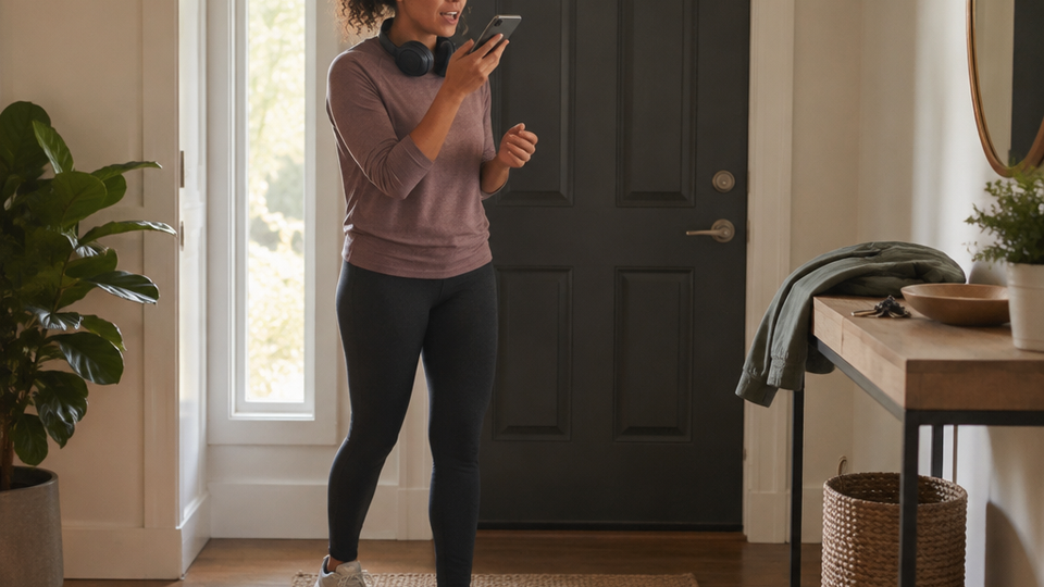 Still wearing walking shoes in a home entryway, a worker records a voice memo into a phone held close to the mouth with the screen tilted away, headset around the neck.